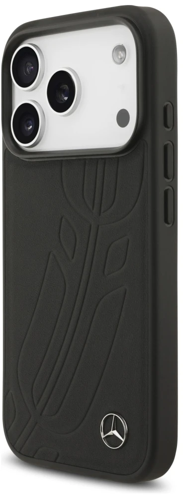 Original dėklas MERCEDES Leather Large Laurel Leave MagSafe skirtas Apple iPhone 17 Pro juodos spalvos