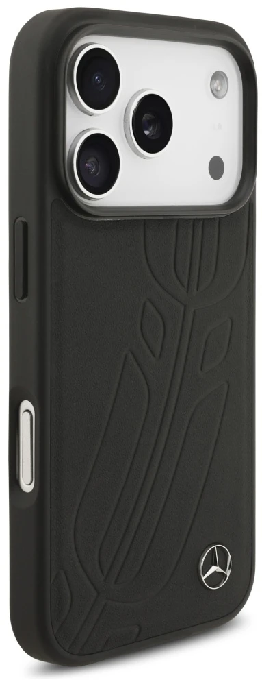 Original dėklas MERCEDES Leather Large Laurel Leave MagSafe skirtas Apple iPhone 17 Pro juodos spalvos