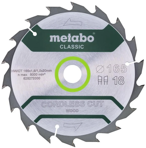 Pjovimo diskas 165x1,8/1,2x20mm, z18, WZ, 20°, Classic., Metabo