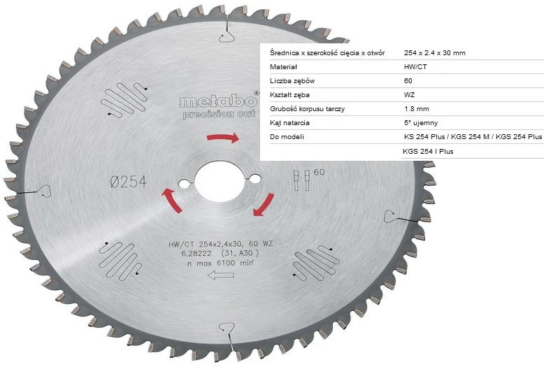 Pjovimo diskas Precision Cut 254x2,4/1,8x30, z60, WZ, -5°, Metabo