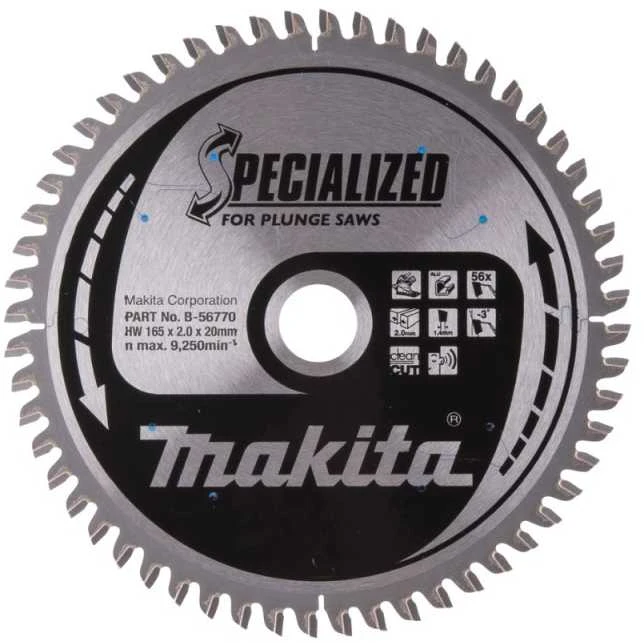 Makita T.C.T. pjūklas SPECIALIZED 165X2X20mm -3° T56 B-56770 T.C.T • 165 x20 mm • T56 • -3° • Aliuminiui