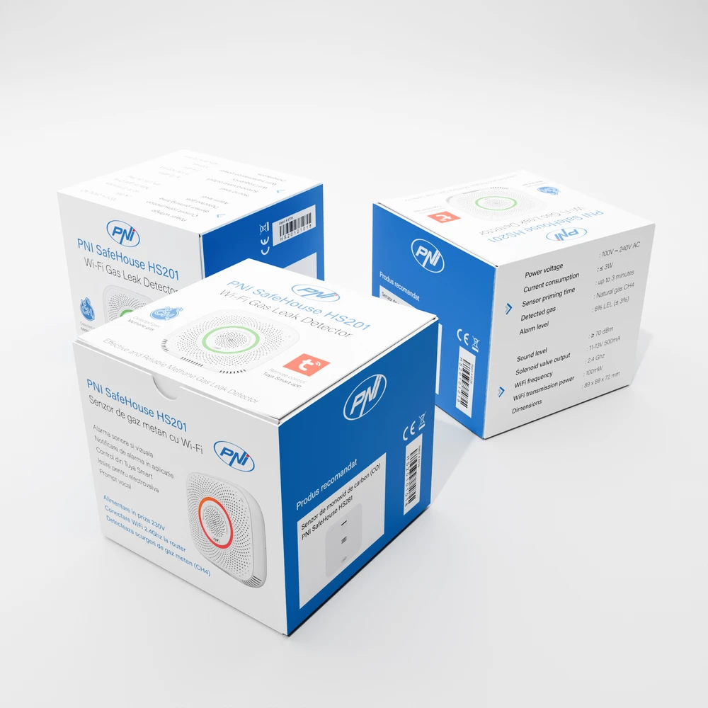 Metano dujų jutiklis (CH4) PNI SafeHouse HS201 su „WiFi“, valdymas per „Tuya Smart“ programėlę, 230V maitinimo šaltinis, balso pranešimai, garsinis ir vaizdinis aliarmas, elektromagnetinio vožtuvo išvestis