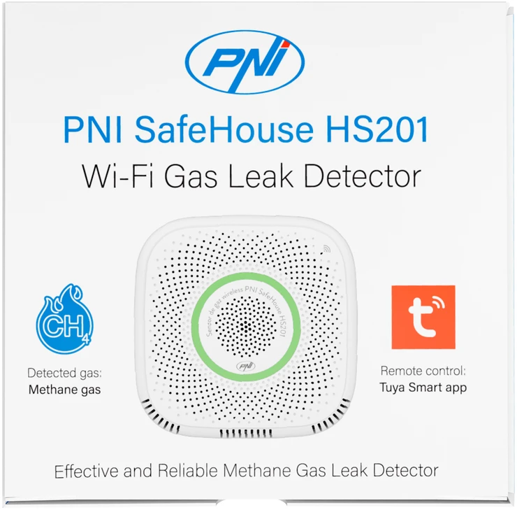 Metano dujų jutiklis (CH4) PNI SafeHouse HS201 su „WiFi“, valdymas per „Tuya Smart“ programėlę, 230V maitinimo šaltinis, balso pranešimai, garsinis ir vaizdinis aliarmas, elektromagnetinio vožtuvo išvestis
