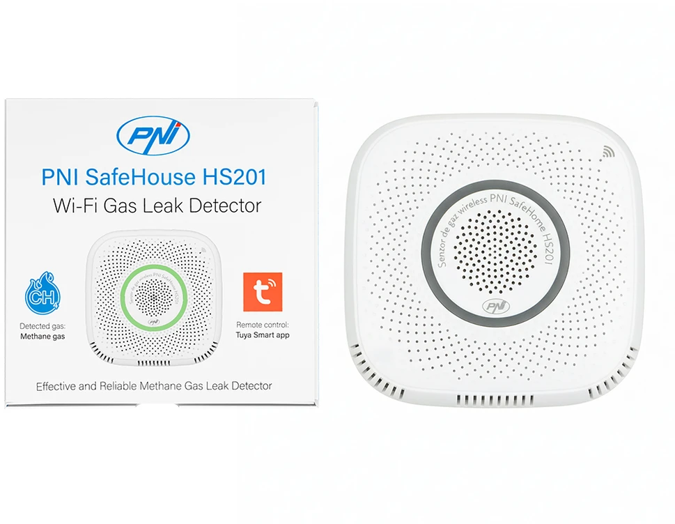 Metano dujų jutiklis (CH4) PNI SafeHouse HS201 su „WiFi“, valdymas per „Tuya Smart“ programėlę, 230V maitinimo šaltinis, balso pranešimai, garsinis ir vaizdinis aliarmas, elektromagnetinio vožtuvo išvestis