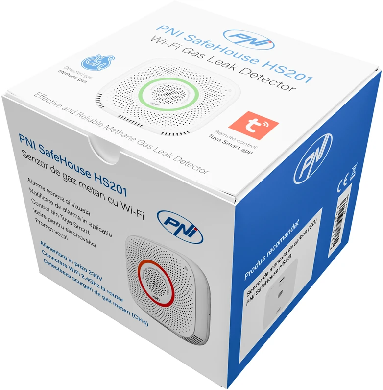 Metano dujų jutiklis (CH4) PNI SafeHouse HS201 su „WiFi“, valdymas per „Tuya Smart“ programėlę, 230V maitinimo šaltinis, balso pranešimai, garsinis ir vaizdinis aliarmas, elektromagnetinio vožtuvo išvestis