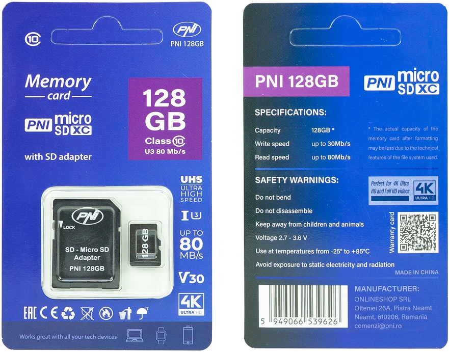 „MicroSD“ PNI 128 GB atminties kortelė su SD adapteriu, 10 klasė, 80 Mb/s, V30