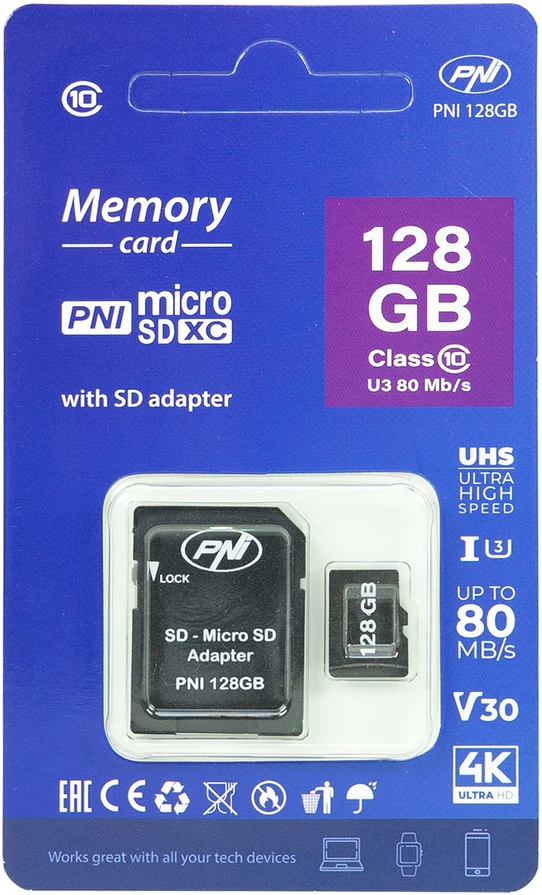 „MicroSD“ PNI 128 GB atminties kortelė su SD adapteriu, 10 klasė, 80 Mb/s, V30
