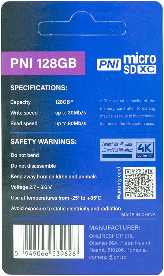 „MicroSD“ PNI 128 GB atminties kortelė su SD adapteriu, 10 klasė, 80 Mb/s, V30