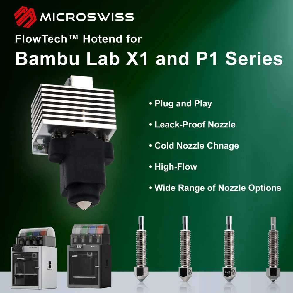 Micro Swiss Microswiss FlowTech Hotend skirtas Bambu Lab P1P/P1S - CM2 CHT - Grūdintas antgalis - Didelis srautas