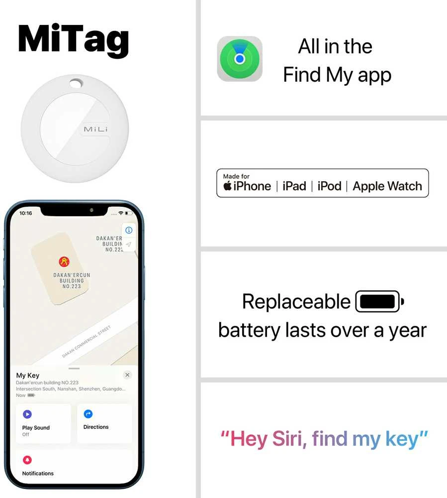 MiLi GPS Bluetooth MiTag sekiklis HD-P16 (tik Apple) + raktų pakabukas baltas