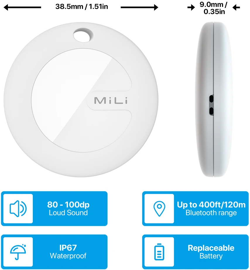 MiLi GPS Bluetooth MiTag sekiklis HD-P16 (tik Apple) + raktų pakabukas baltas
