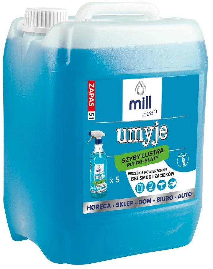 Madonis MILL CLEAN CLEANS 5 litrai. Skystas valiklis langams, veidrodžiams, plytelėms ir stalviršiams. Pašalina dulkes ir riebalų dėmes nepalikdamas dryžių ar dėmių. Didelis 5 litrų bakelis idealiai tinka įmonių, viešbučių ir biurų valymui.