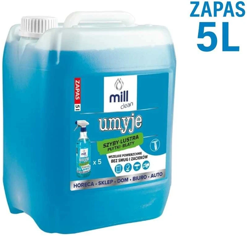 Madonis MILL CLEAN CLEANS 5 litrai. Skystas valiklis langams, veidrodžiams, plytelėms ir stalviršiams. Pašalina dulkes ir riebalų dėmes nepalikdamas dryžių ar dėmių. Didelis 5 litrų bakelis idealiai tinka įmonių, viešbučių ir biurų valymui.