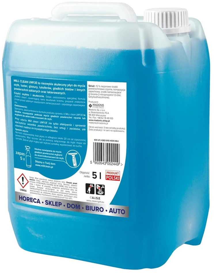 Madonis MILL CLEAN CLEANS 5 litrai. Skystas valiklis langams, veidrodžiams, plytelėms ir stalviršiams. Pašalina dulkes ir riebalų dėmes nepalikdamas dryžių ar dėmių. Didelis 5 litrų bakelis idealiai tinka įmonių, viešbučių ir biurų valymui.