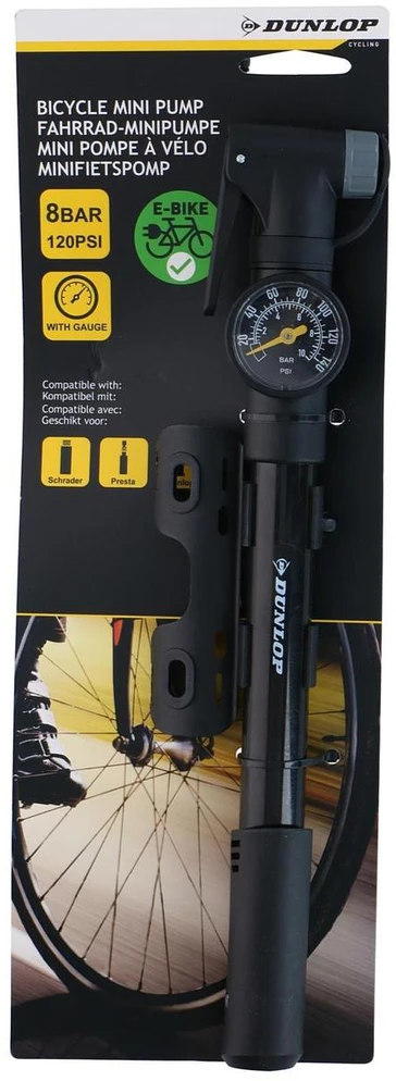 MINI DVIRAČIO POMPA SU MANOMETRU 120psi (8bar) JUODA DUNLOP 434285