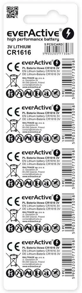 Mini everActive CR1616 ličio baterija – lizdinė plokštelė su 5 vnt.