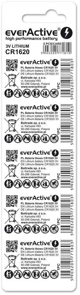 Mini everActive CR1620 ličio baterijos lizdinė plokštelė, 5 vnt.