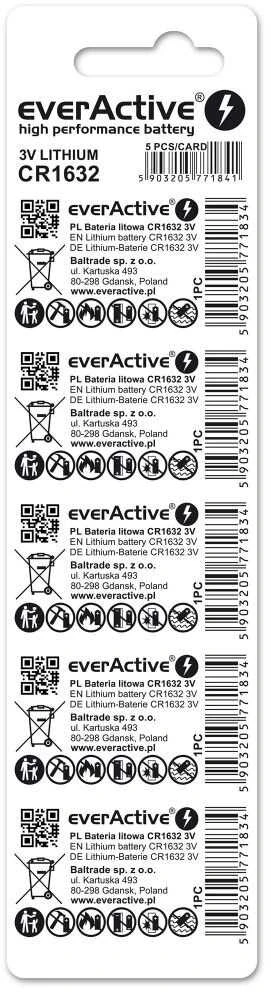 Mini everActive CR1632 ličio baterijos lizdinė plokštelė, 5 vnt.