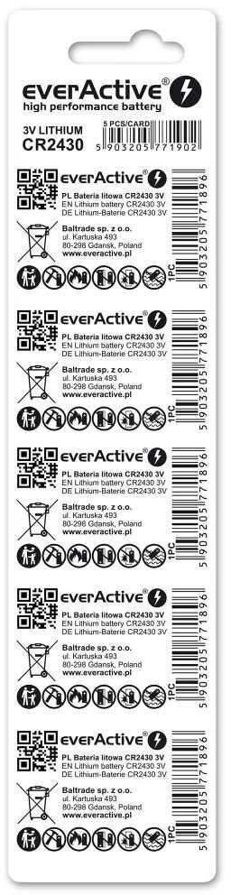 Mini everActive CR2430 ličio baterijos lizdinė plokštelė, 5 vnt.