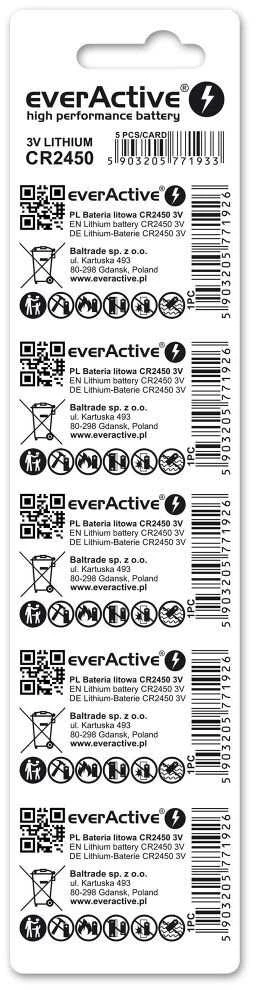 Mini everActive CR2450 ličio baterijos lizdinė plokštelė, 5 vnt.