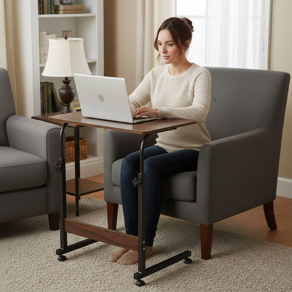 Mobile laptop table – side desk for armchair and sofa in dark walnut finish, ModernHome