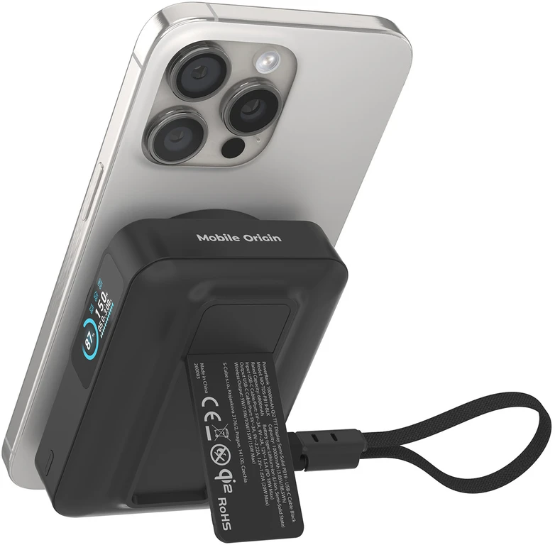 Nezatříděno Mobile Origin 10000 mAh Qi2 TFT Ekranas Semi-solid PowerBank PB19 – USB-C Cable Juodas