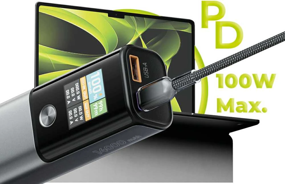 Mobile Origin 100 W PD 14 000 mAh išorinis akumuliatorius su ekranu PB12 - USB-C + USB-A