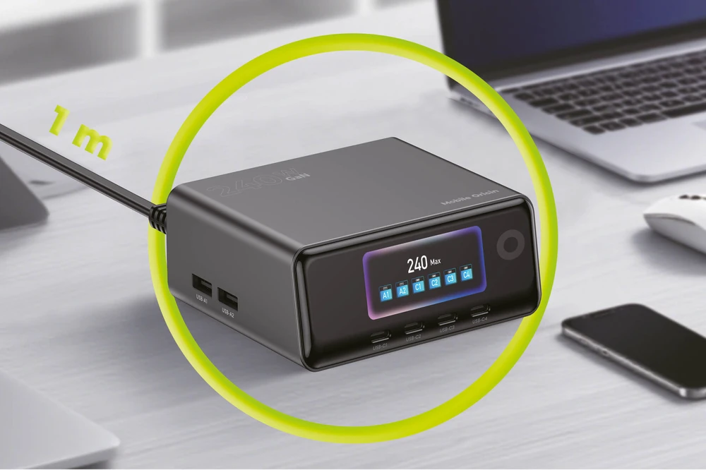 „Mobile Origin“ 240 W „GaN Ekranas“ įkrovimo šakotuvas PW39 – 4 USB-C + 2 USB-A