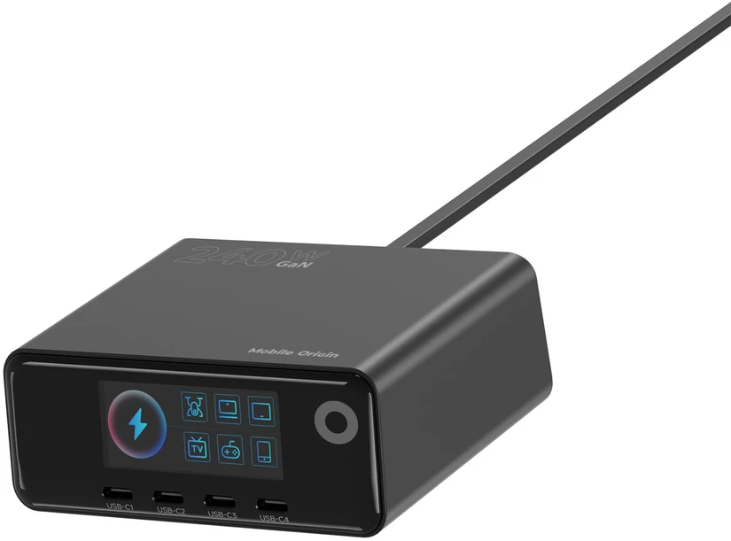 „Mobile Origin“ 240 W „GaN Ekranas“ įkrovimo šakotuvas PW39 – 4 USB-C + 2 USB-A