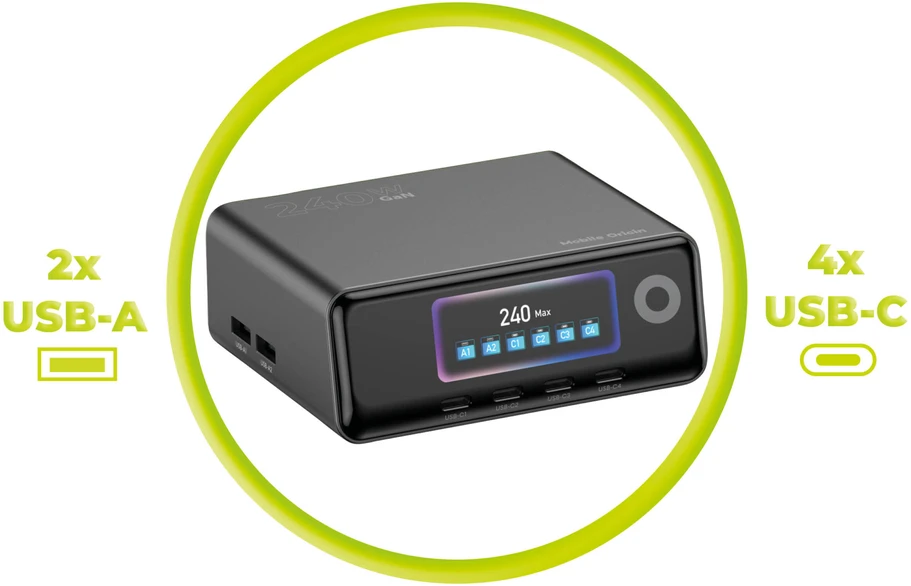 „Mobile Origin“ 240 W „GaN Ekranas“ įkrovimo šakotuvas PW39 – 4 USB-C + 2 USB-A