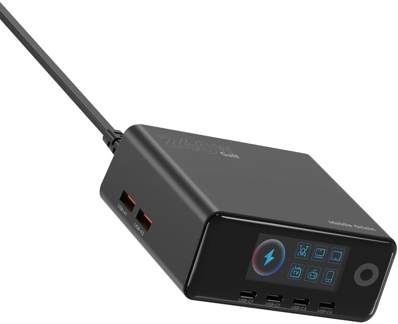 „Mobile Origin“ 240 W „GaN Ekranas“ įkrovimo šakotuvas PW39 – 4 USB-C + 2 USB-A
