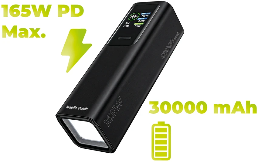 Mobile Origin 30000 mAh išorinė baterija su TFT ekranu ir žibintuvėliu PB17 – 2x USB-C + USB-A
