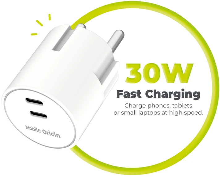 Mobile Origin 30W įkroviklis PW33 - 2x USB-C, baltas