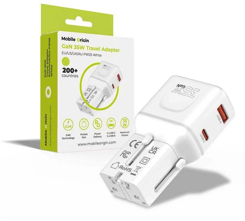 Įkroviklis Mobile Origin 35W Travel Adapteris, EU/US/UK/AU PW25, baltas