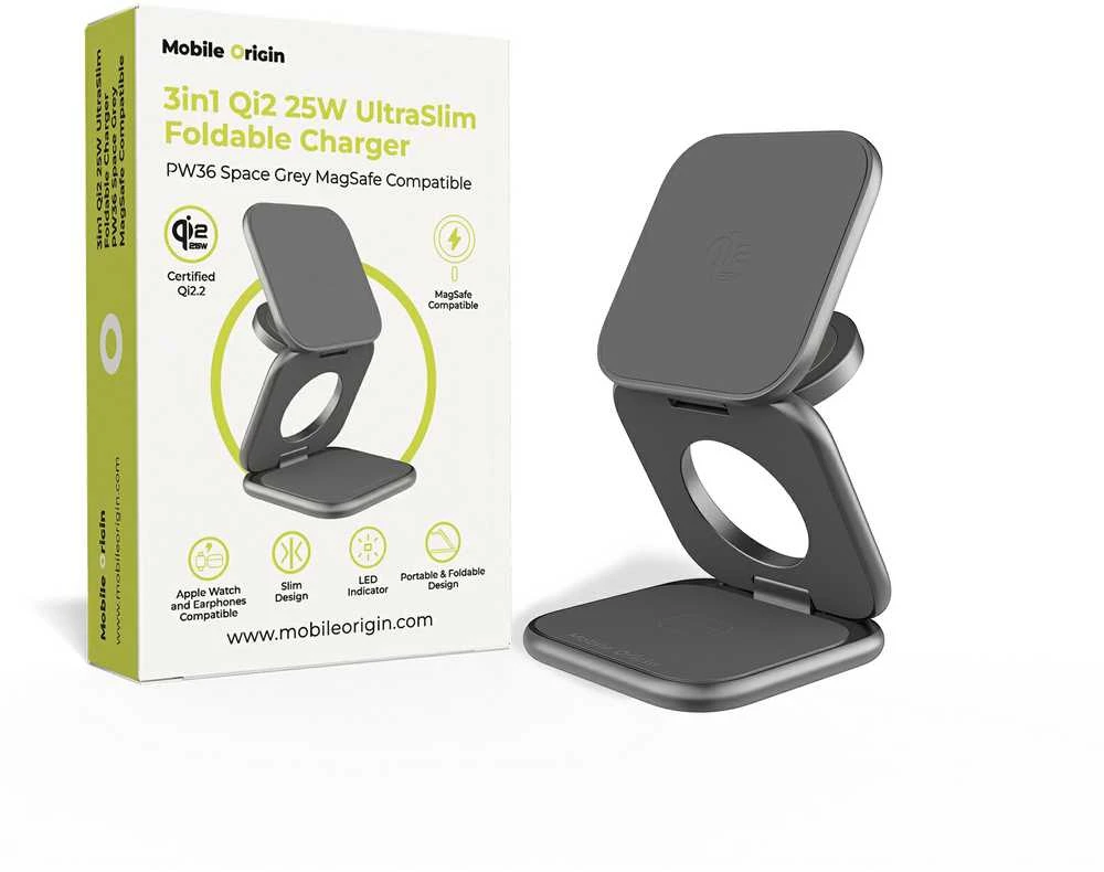 Mobile Origin 3 viename Qi2 25W ultraplonas sulankstomas įkroviklis PW36 suderinamas su MagSafe kosminė pilka