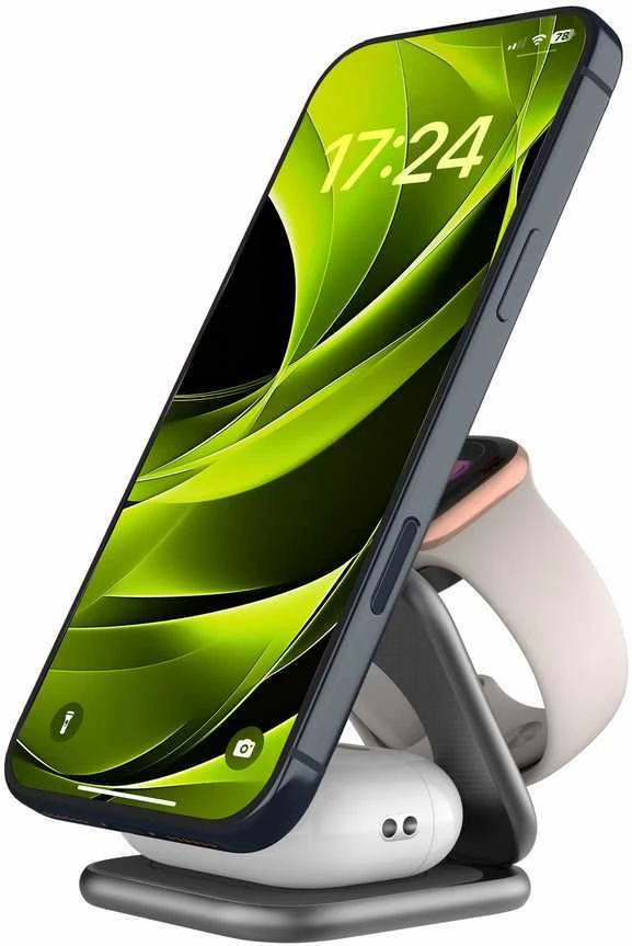 Mobile Origin 3 viename Qi2 25W ultraplonas sulankstomas įkroviklis PW36 suderinamas su MagSafe kosminė pilka