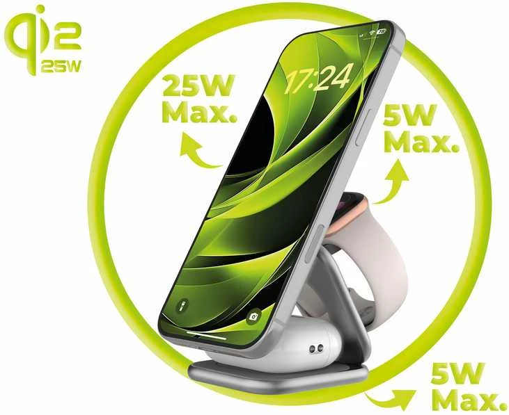 Mobile Origin 3 viename Qi2 25W itin plonas sulankstomas įkroviklis PW36, suderinamas su MagSafe, sidabro spalvos