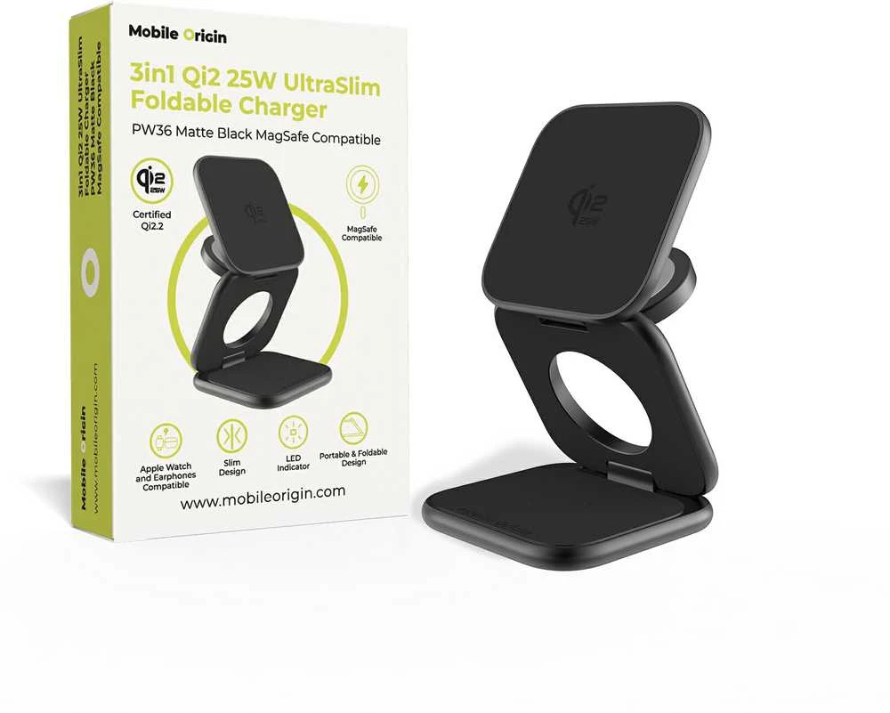 Mobile Origin 3 viename Qi2 25W itin plonas sulankstomas įkroviklis PW36 suderinamas su MagSafe matinė juoda