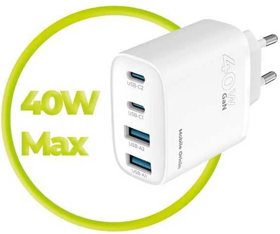 Įkroviklis Mobile Origin 40W GaN sieninis įkroviklis PW22 - 2x USB-C + 2x USB-A