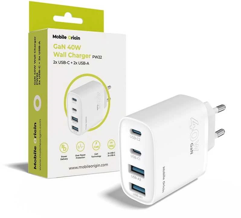 Įkroviklis Mobile Origin 40W GaN sieninis įkroviklis PW22 - 2x USB-C + 2x USB-A