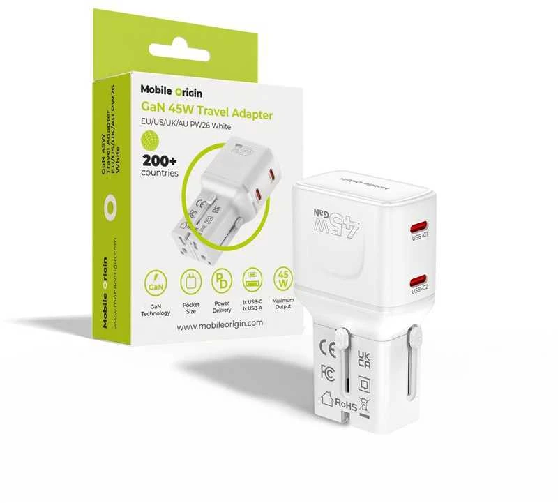 Įkroviklis Mobile Origin 45W Travel Adapteris, EU/US/UK/AU PW26, baltas