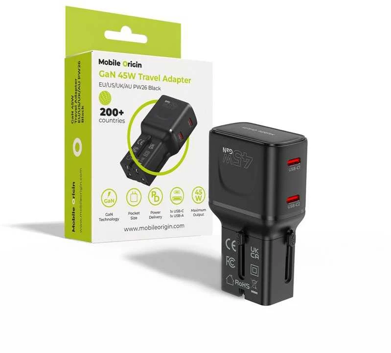 Įkroviklis Mobile Origin 45W Travel Adapteris, EU/US/UK/AU PW26, juodas
