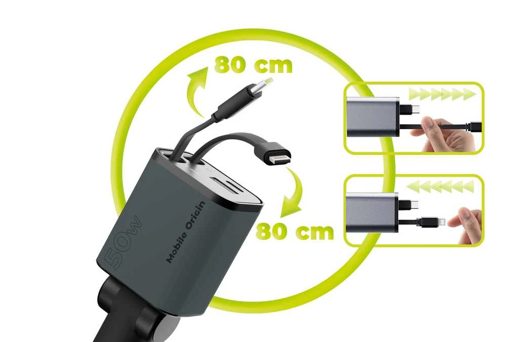 „Mobile Origin 4in1 50W“ automobilinis įkroviklis CA28 – USB-C + USB-A, USB-C ir „Lightning“ laidas