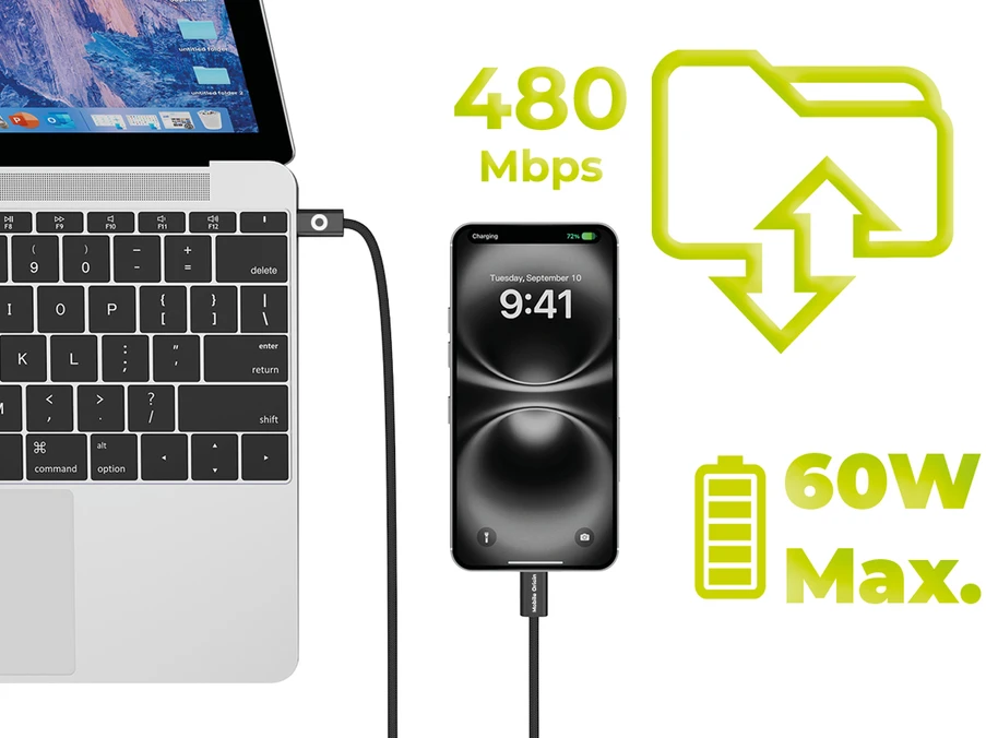 „Mobile Origin“ 60 W itin plonas USB-C į USB-C laidas, 1 m, CB11, Juodas