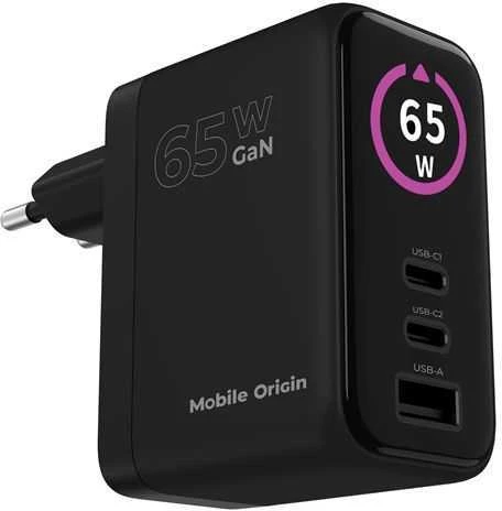 Įkroviklis Mobile Origin 65W GaN Ekranas Charger PW20 - 2x USB-C + USB-A
