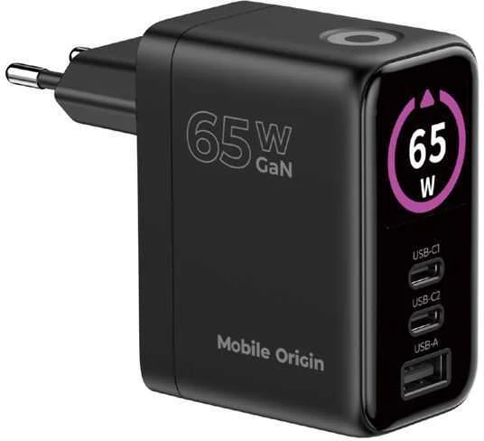 Įkroviklis Mobile Origin 65W GaN Ekranas Charger PW20 - 2x USB-C + USB-A