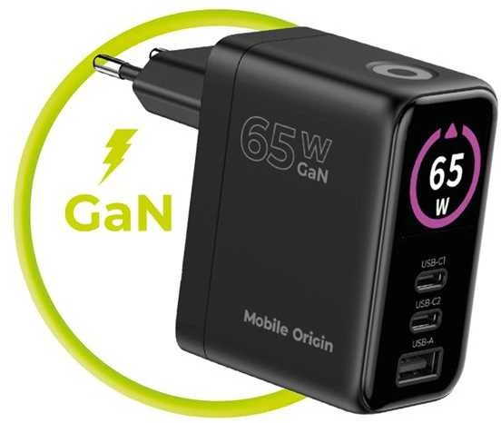 Įkroviklis Mobile Origin 65W GaN Ekranas Charger PW20 - 2x USB-C + USB-A