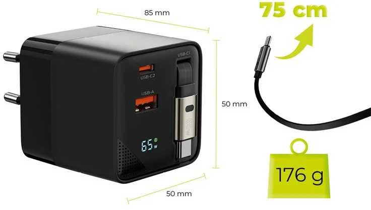 Įkroviklis Mobile Origin 65W GaN Ekranas Charger PW2 - USB-C Cable + USB-C + USB-A