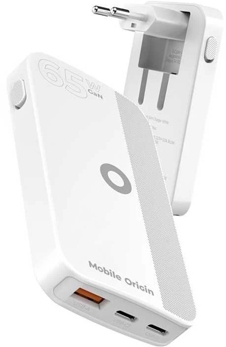 Mobile Origin 65W GaN III plonas įkroviklis su dviguba USB-C jungtimi, vieno USB-A jungtimi, baltas