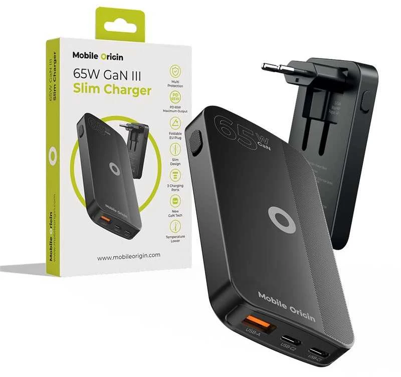 Mobile Origin 65W GaN III plonas įkroviklis, dvigubas USB-C, vienas USB-A, juodas